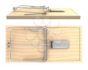 Wooden mouse trap, side and top view, isolated on white background