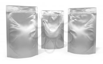 Three foil bag packages isolated on white background