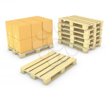 Stack of cardboard boxes and stack of pallets, isolated on white