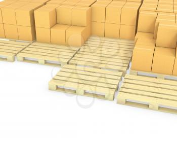 Stacks of cardboard boxes on a pallets isolated on white background