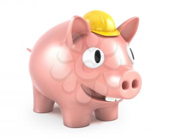 Piggy bank wears small yellow helmet, isolated on white background