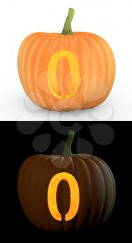 Number 0 carved on pumpkin jack lantern isolated on and white background
