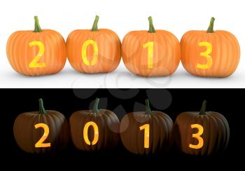 2013 text carved on pumpkin jack lantern isolated on and white background