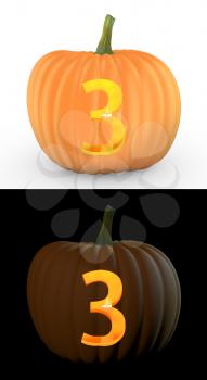 Number 3 carved on pumpkin jack lantern isolated on and white background