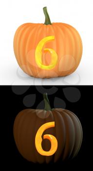 Number 6 carved on pumpkin jack lantern isolated on and white background