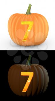 Number 7 carved on pumpkin jack lantern isolated on and white background