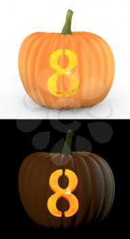 Number 8 carved on pumpkin jack lantern isolated on and white background