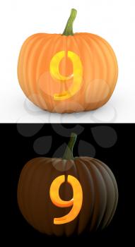 Number 9 carved on pumpkin jack lantern isolated on and white background