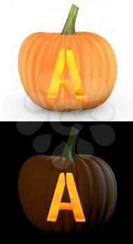 A letter carved on pumpkin jack lantern isolated on and white background
