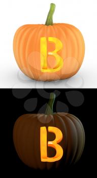 B letter carved on pumpkin jack lantern isolated on and white background
