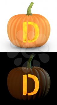 D letter carved on pumpkin jack lantern isolated on and white background