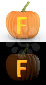 F letter carved on pumpkin jack lantern isolated on and white background