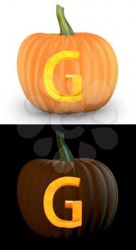 G letter carved on pumpkin jack lantern isolated on and white background