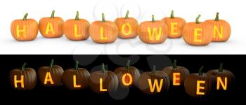 Halloween text carved on pumpkin jack lantern isolated on and white background