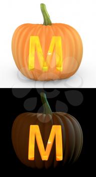 M letter carved on pumpkin jack lantern isolated on and white background