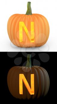 N letter carved on pumpkin jack lantern isolated on and white background