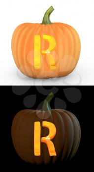 R letter carved on pumpkin jack lantern isolated on and white background
