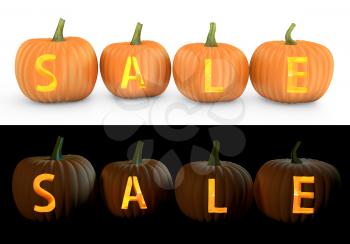 Sale text carved on pumpkin jack lantern isolated on and white background