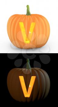 V letter carved on pumpkin jack lantern isolated on and white background