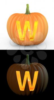W letter carved on pumpkin jack lantern isolated on and white background