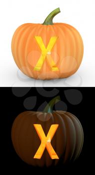 X letter carved on pumpkin jack lantern isolated on and white background