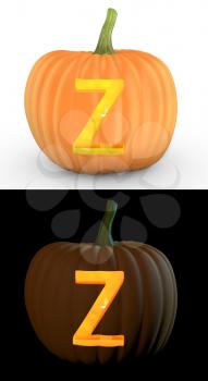 Z letter carved on pumpkin jack lantern isolated on and white background