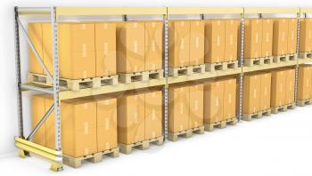Row of pallet racks with boxes, isolated on white background
