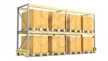 Pallet rack with cargo, isolated on white background