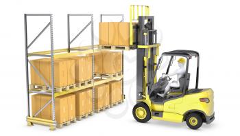 Forklift truck loads pallet on the rack, isolated on white background