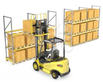 Forklift truck loads pallet on the rack, isolated on white background