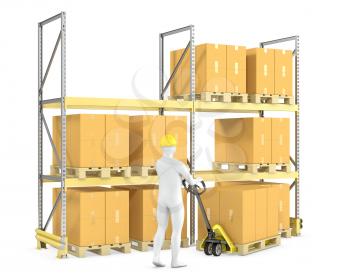 Worker moves boxes with pallet truck, isolated on white background