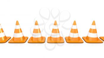 Line of traffic cones, isolated on white background
