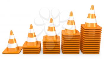 Graph of growth made of traffic cones, isolated on white background