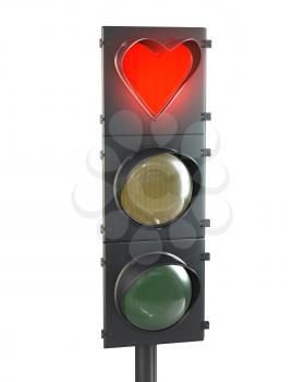 Traffic light with heart shaped red lamp isolated on white background