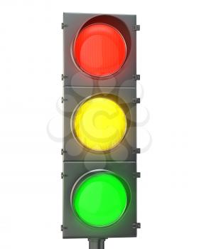 Traffic light with red, yellow and green lights isolated on white background