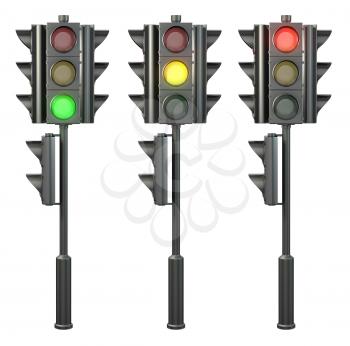 Set of four sided traffic lights on a stand, isolated on white background