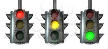 Set of traffic lights, red, green and yellow, isolated on white background