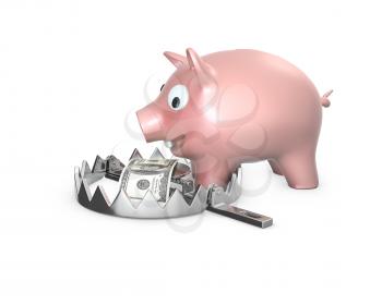 Piggy bank in a bear trap, isolated on white background