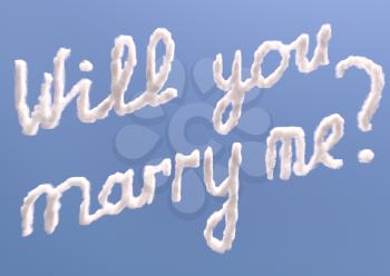 Will you marry me text in sky, isolated on blue