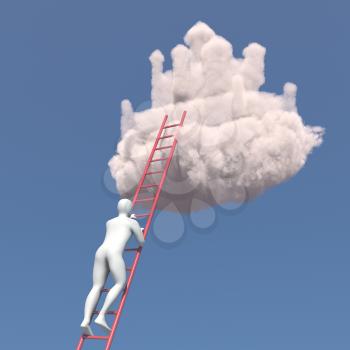 Abstract white man climbs to the cloud castle in the sky