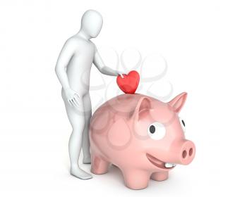 Abstract white guy puts red heart into piggy bank, isolated on white background