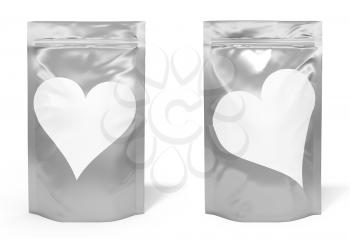 Foil bag package with heart shaped label isolated on white background
