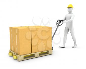 Abstract worker moves cargo on a pallet jack, isolated on white background