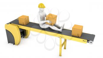 Worker sits on belt conveyor isolated on white background