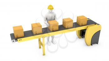 Worker sorts packages on belt conveyor isolated on white background