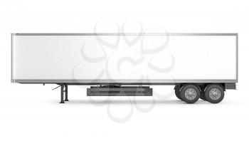 Blank white parked semi trailer, side view, isolated on white background