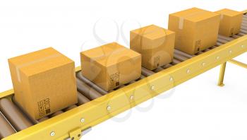 Roller conveyor with carton boxes isolated on white background