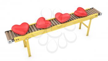 Read hearts on roller conveyor isolated on white background