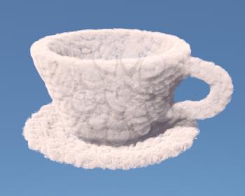 Empty cup with tea plate made of clouds on blue background