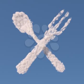 Fork and spoon made of clouds on blue background